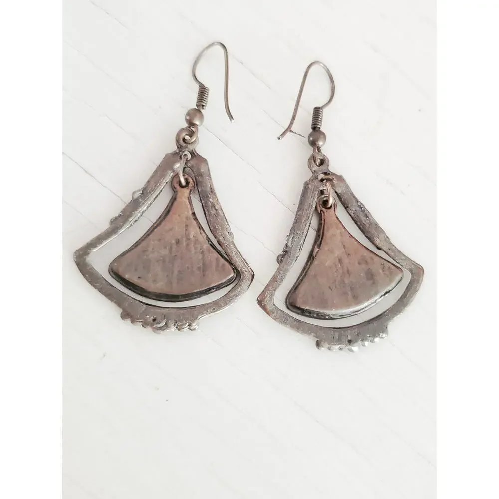 Vintage Silver-tone Blue Enamel Fan Dangle Earrings